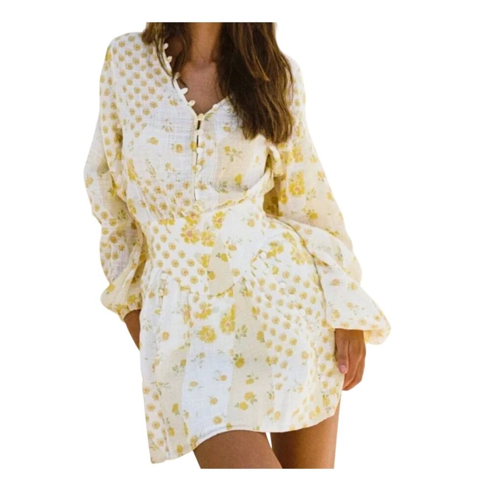SABO Yumi 100% Cotton White Yellow Floral Long Sleeve V-neck Button Mini Dress